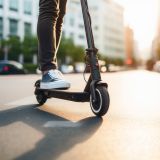 Ein E-Scooter, der gerade die Straße überquert. 